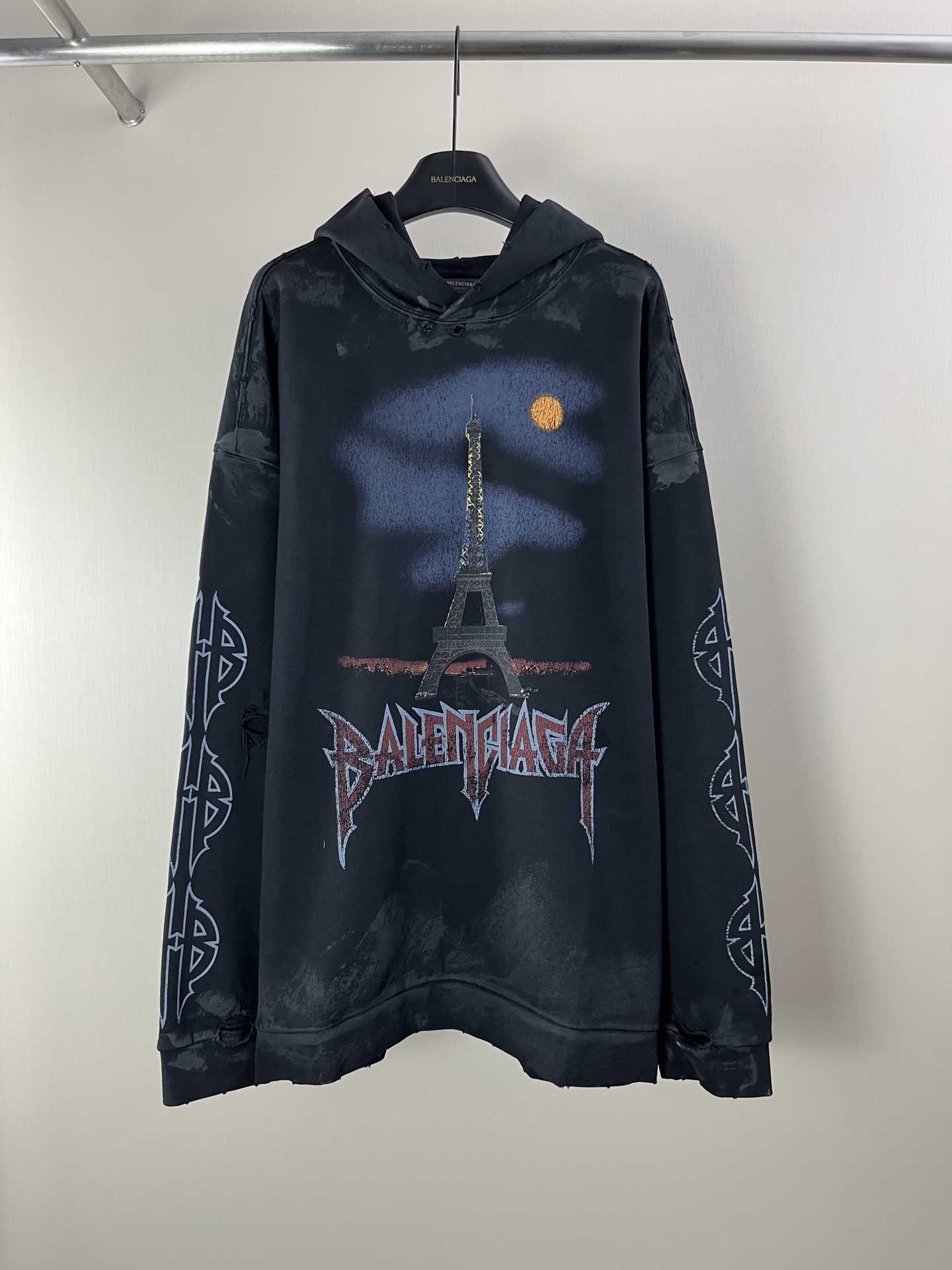 Balenciaga Paris Night Eiffel Tower Distressed Black Hoodie Sweatshirt