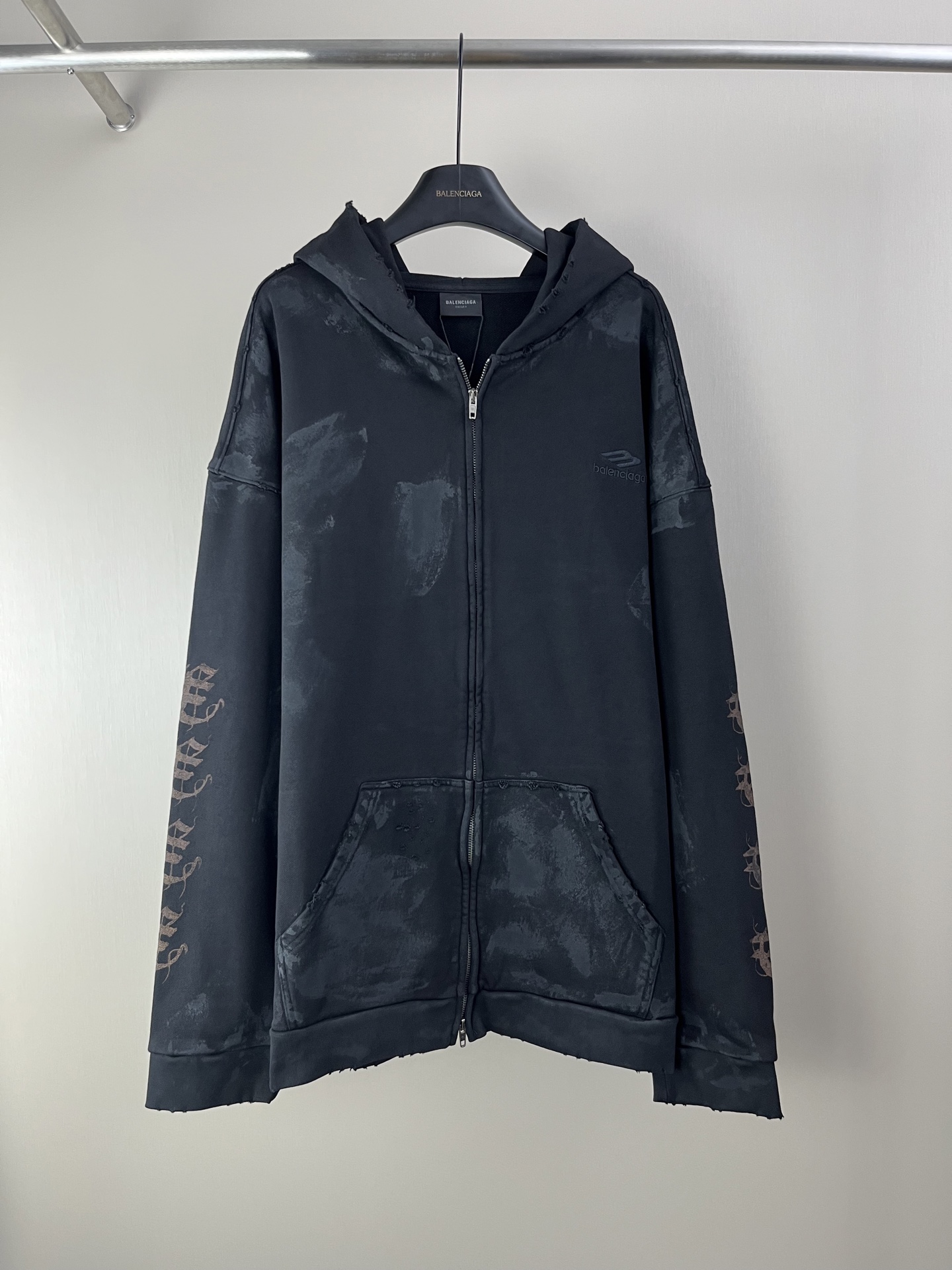 Balenciaga Distressed Zip-Up Hoodie - Vintage Wash, Unisex Cotton Sweatshirt