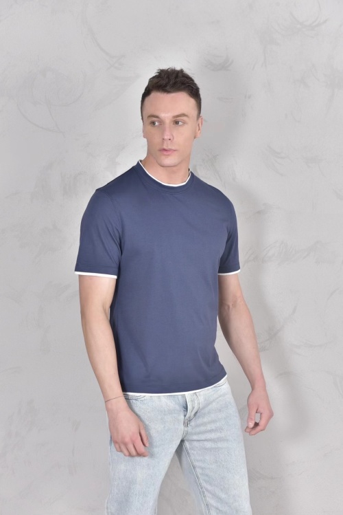 Loro Piana Men's Navy Blue Short-Sleeve T-Shirt with White Trim, M-3XL