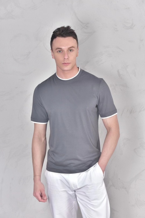 Men's Loro Piana Style Gray T-Shirt with White Trim - Casual Comfort 1 Men's Loro Piana Style Gray T-Shirt with White Trim - Casual Comfort