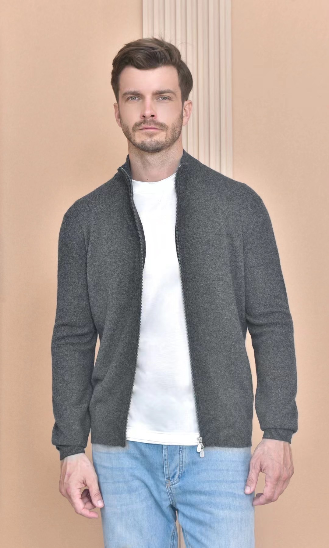 Loro Piana Grijze Zip-Up Cashmere Heren Cardigan - Stijlvol & Comfortabel