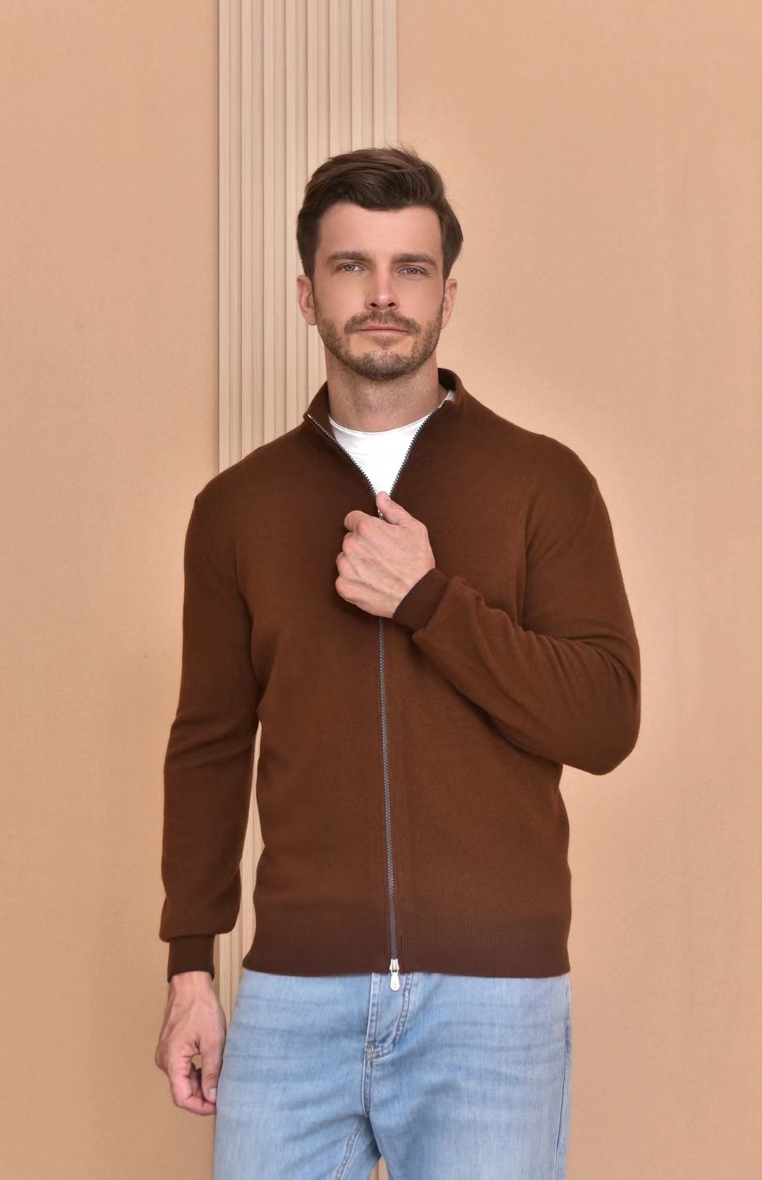 Loro Piana Men's Brown Full Zip Knit Cardigan - Comfortable & Stylish
