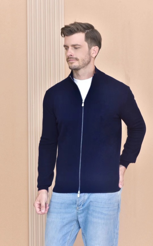 Luxurious Loro Piana Style Men's Navy Zip-Up Cardigan Sweater