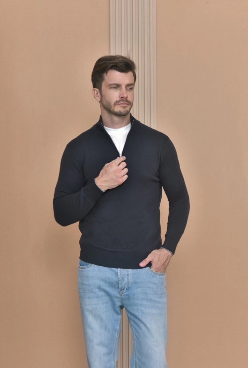 Loro Piana Men's Navy Blue Zip-Up Knit Sweater - Classic & Comfortable 1 Loro Piana Men's Navy Blue Zip-Up Knit Sweater - Classic & Comfortable