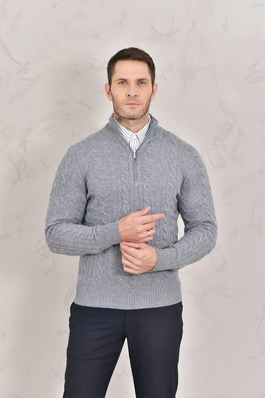 Loro Piana Men's Gray Cable-Knit Half-Zip Cashmere Sweater - Classic Fit