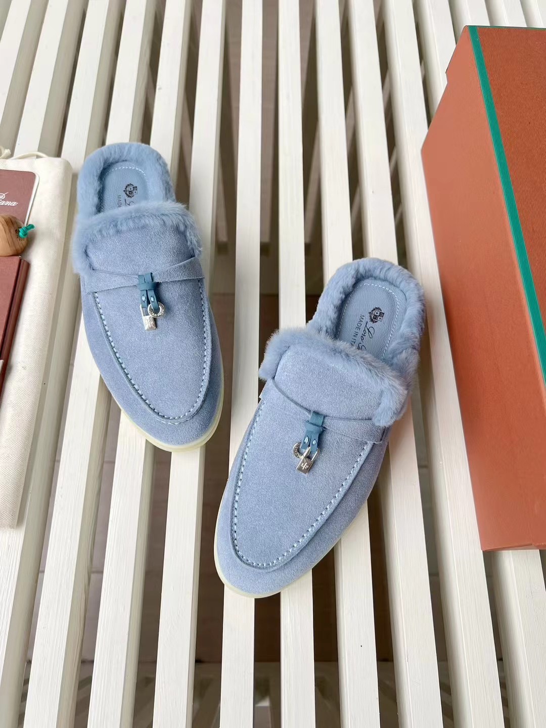 Loro Piana Women's Blue Suede Leather Mules with Fur - Sizes 35 to 42 2 i1727244333 5100 0