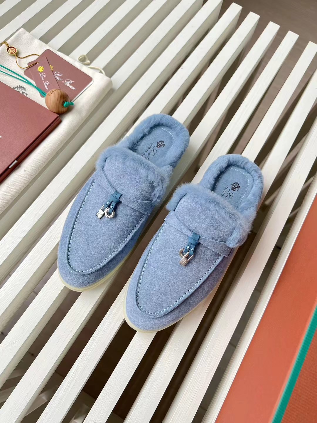 Loro Piana Women's Blue Suede Leather Mules with Fur - Sizes 35 to 42 3 i1727244333 7716 1