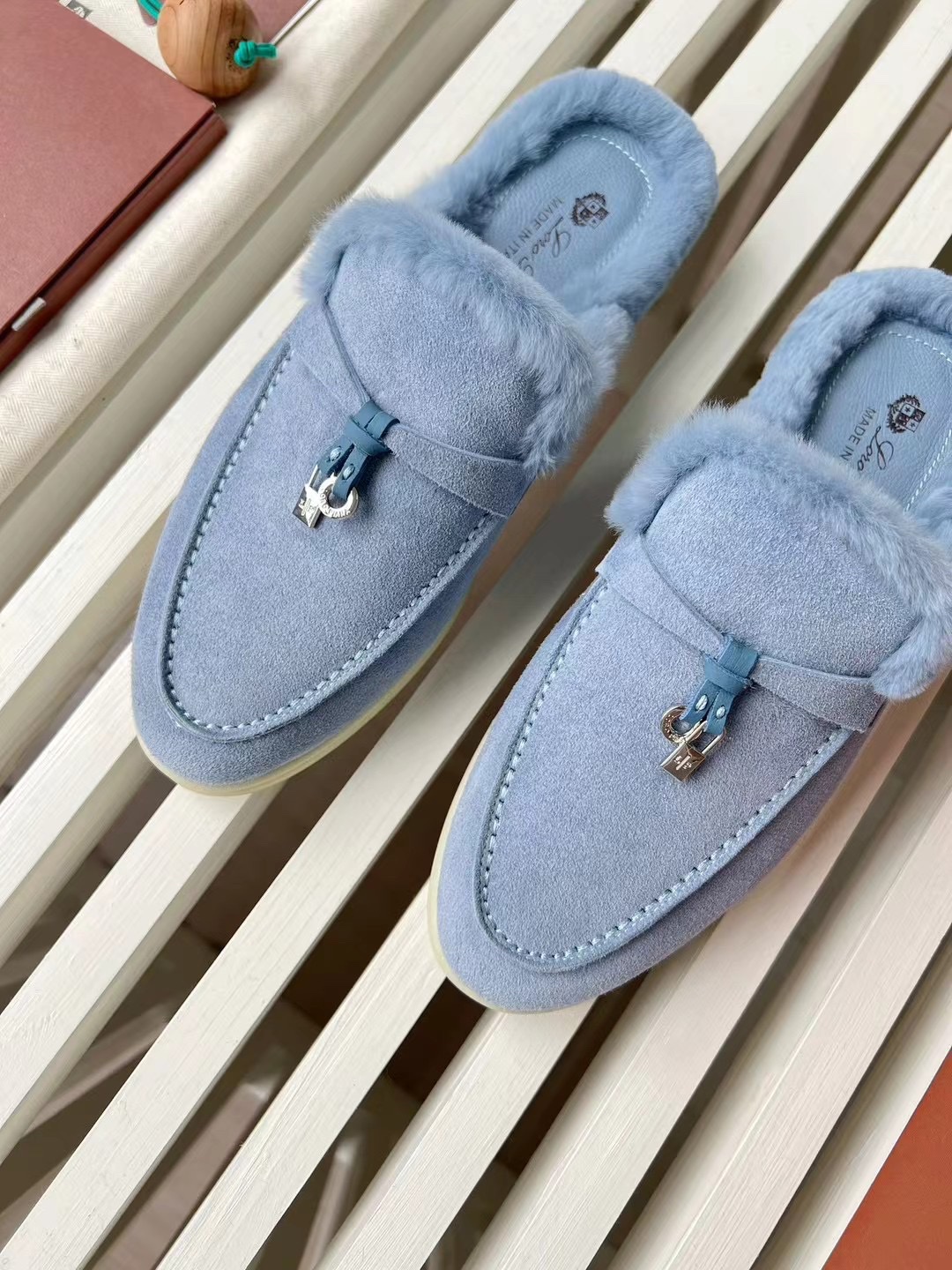 Loro Piana Women's Blue Suede Leather Mules with Fur - Sizes 35 to 42 4 i1727244333 9694 2