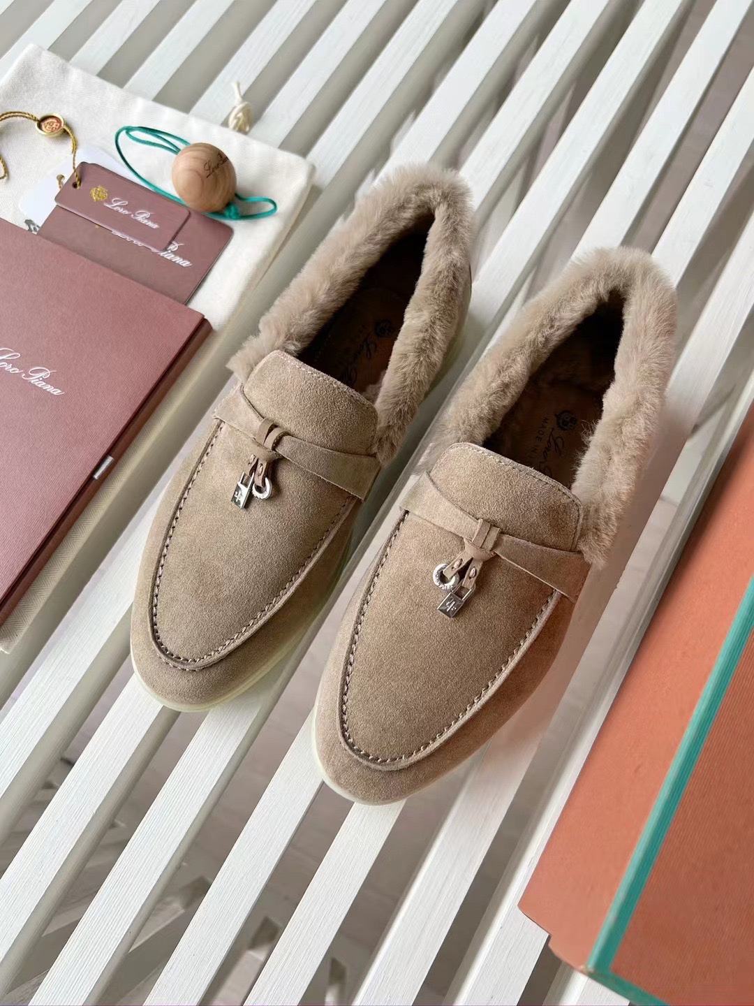 Loro Piana Women's Suede Shearling Trimmed Loafers - Beige, Sizes 35-42 2 i1727245291 6957 2