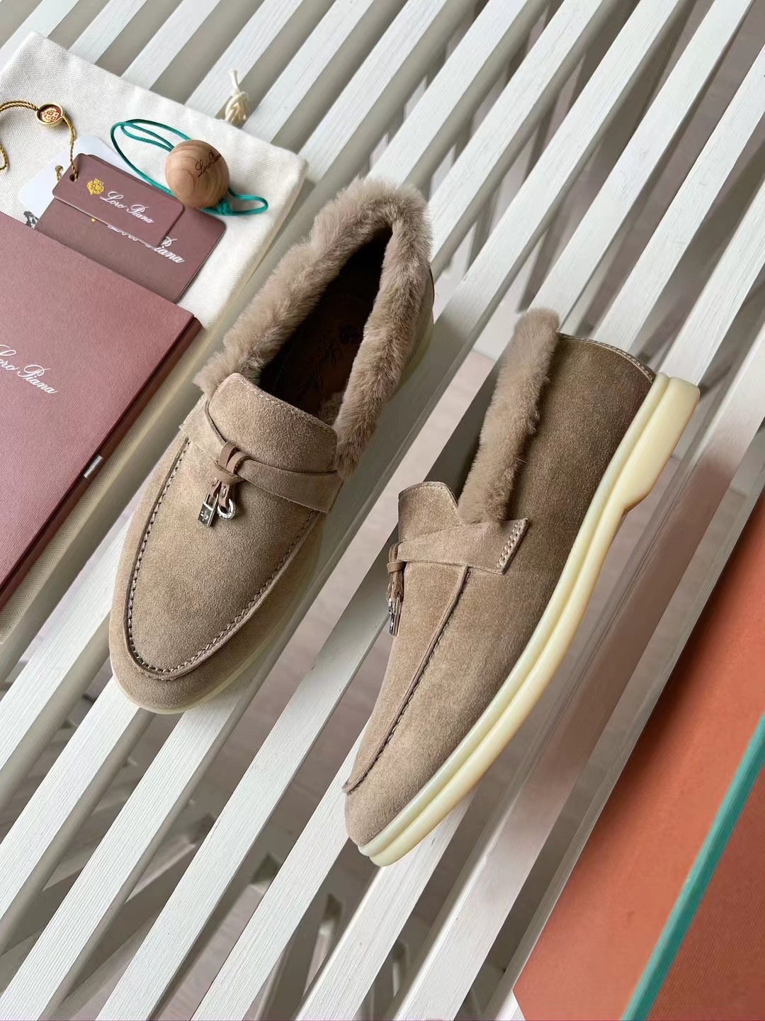 Loro Piana Women's Suede Shearling Trimmed Loafers - Beige, Sizes 35-42 4 i1727245291 7059 5