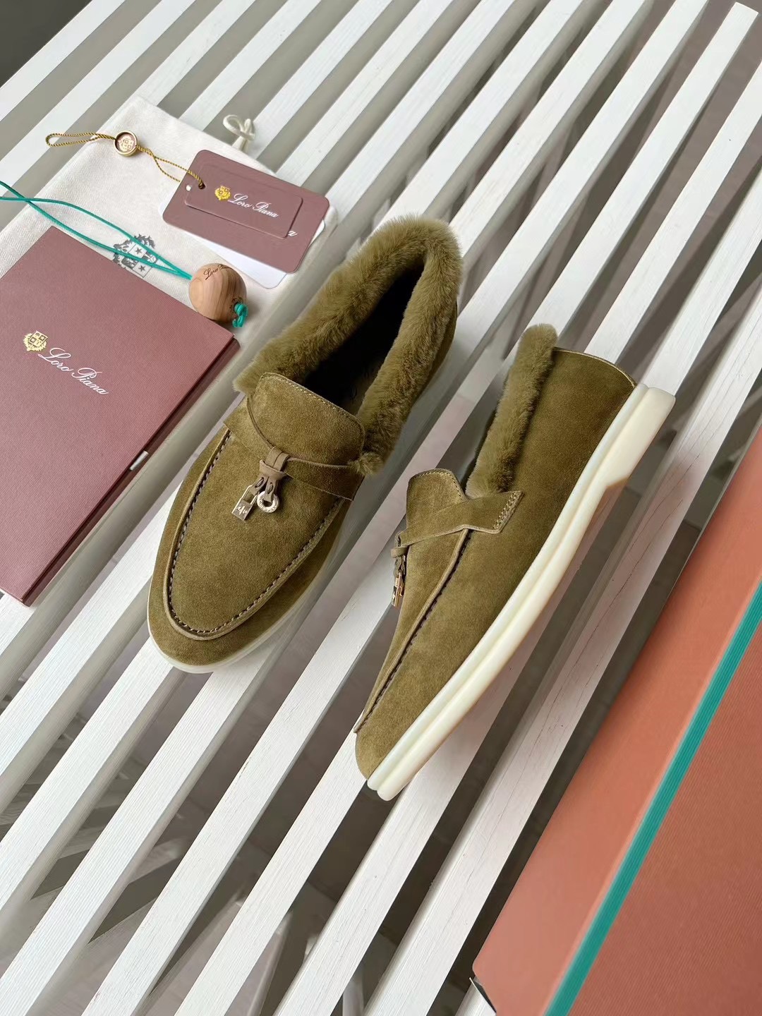Loro Piana Olive Green Suede Shearling-Lined Loafers Comfortable Slip-On Shoes 4 i1727246849 1953 5