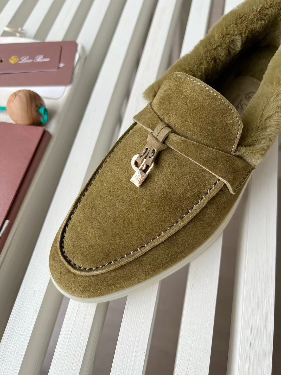 Loro Piana Olive Green Suede Shearling-Lined Loafers Comfortable Slip-On Shoes 3 i1727246849 3322 0