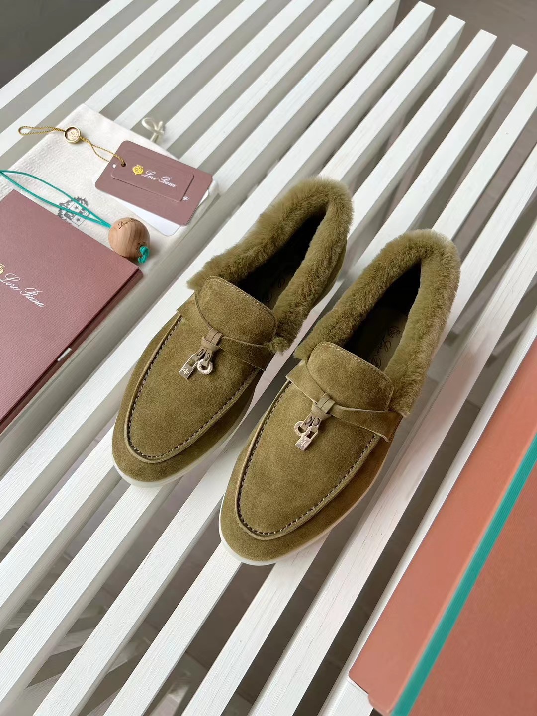 Loro Piana Olive Green Suede Shearling-Lined Loafers Comfortable Slip-On Shoes 2 i1727246849 4353 3