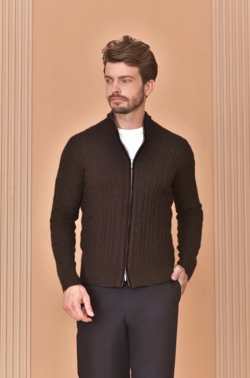 Loro Piana Men's Brown Cable Knit Zip-Up Cardigan, Warm and Stylish 1 Loro Piana Men's Brown Cable Knit Zip-Up Cardigan, Warm and Stylish