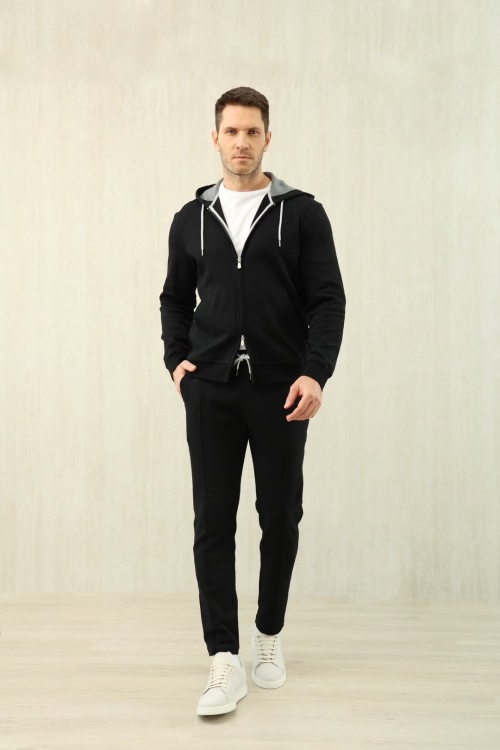 Loro Piana Men's Black Full Zip Front Hoodie with Drawstring Sweatpants Set 1 Loro Piana Men's Black Full Zip Front Hoodie with Drawstring Sweatpants Set