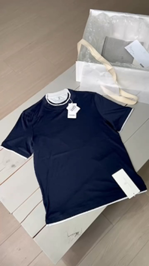Loro Piana Men's Navy Blue T-Shirt with White Trim - Short Sleeve 1 Loro Piana Men's Navy Blue T-Shirt with White Trim - Short Sleeve
