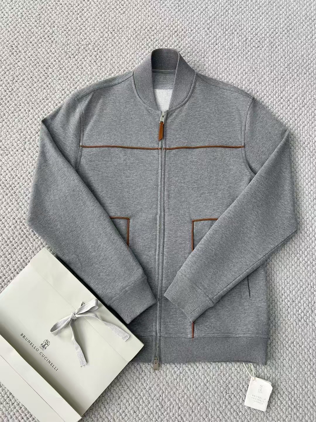 Veste Zippée Brunello Cucinelli Grise en Coton avec Détails Contrastés