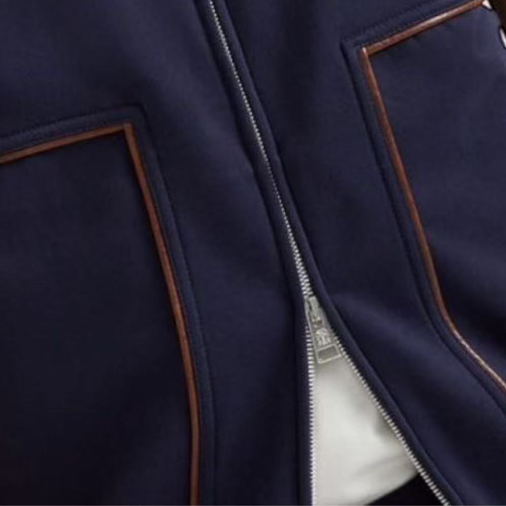 Luxurious Loro Piana Navy Zip-Up Cotton-Blend Jacket with Leather Trims