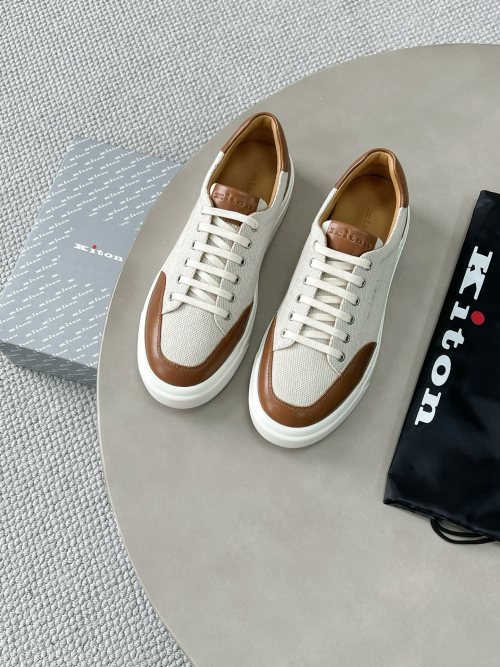 Kiton Men's Cream & Brown Leather-Trimmed Canvas Low-Top Sneakers, Sizes 39-46 1 Kiton Men's Cream & Brown Leather-Trimmed Canvas Low-Top Sneakers, Sizes 39-46
