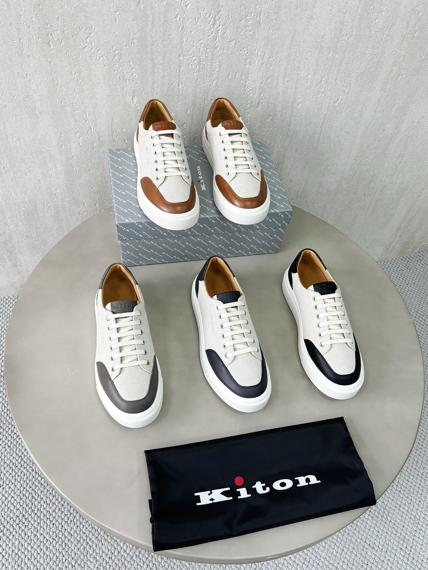 Kiton Men's Luxury Leather Trimmed Canvas Sneakers Lace-Up Casual Shoes