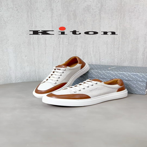Kiton Men's Brown and White Leather Trim Canvas Low Top Sneakers 1 Kiton Men's Brown and White Leather Trim Canvas Low Top Sneakers