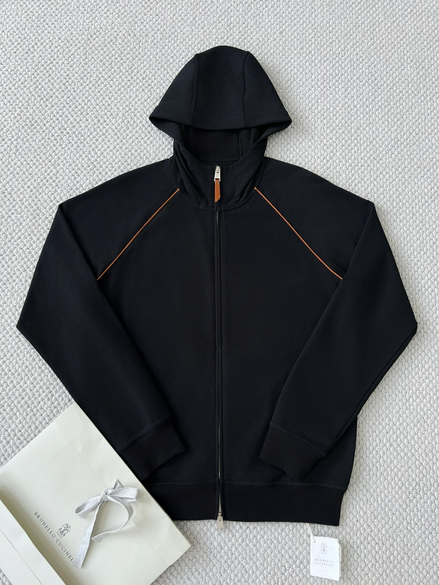 Brunello Cucinelli Black Cotton Blend Zip-Up Hoodie With Contrast Trim