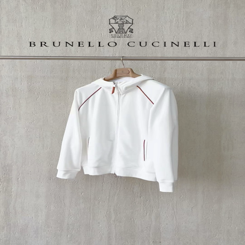Brunello Cucinelli White Zip-Up Hoodie with Contrast Trim