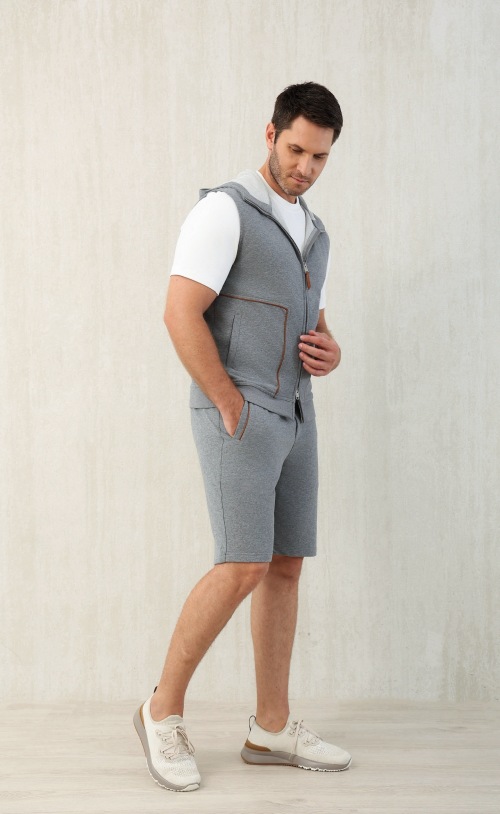 Loro Piana Men's Gray Sleeveless Hoodie and Shorts Set - Size M-3XL 1 Loro Piana Men's Gray Sleeveless Hoodie and Shorts Set - Size M-3XL