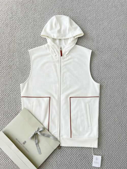 Brunello Cucinelli White Sleeveless Hoodie Vest with Red Trim 1 Brunello Cucinelli White Sleeveless Hoodie Vest with Red Trim
