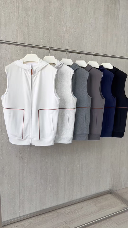 Loro Piana Style Men's Sleeveless Hoodie Vest | Casual Zip Up Sweatshirt