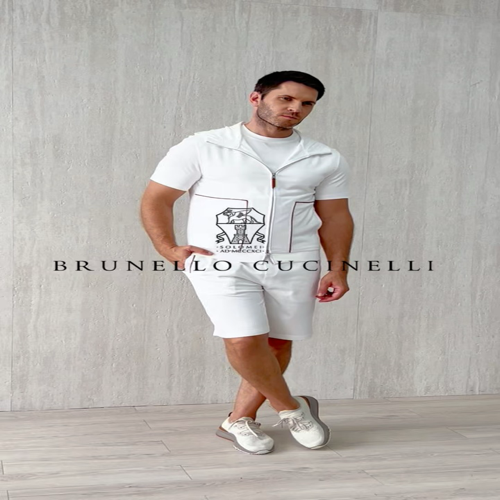 Brunello Cucinelli Men's White Short Sleeve Zip-Up Jacket and Shorts Set