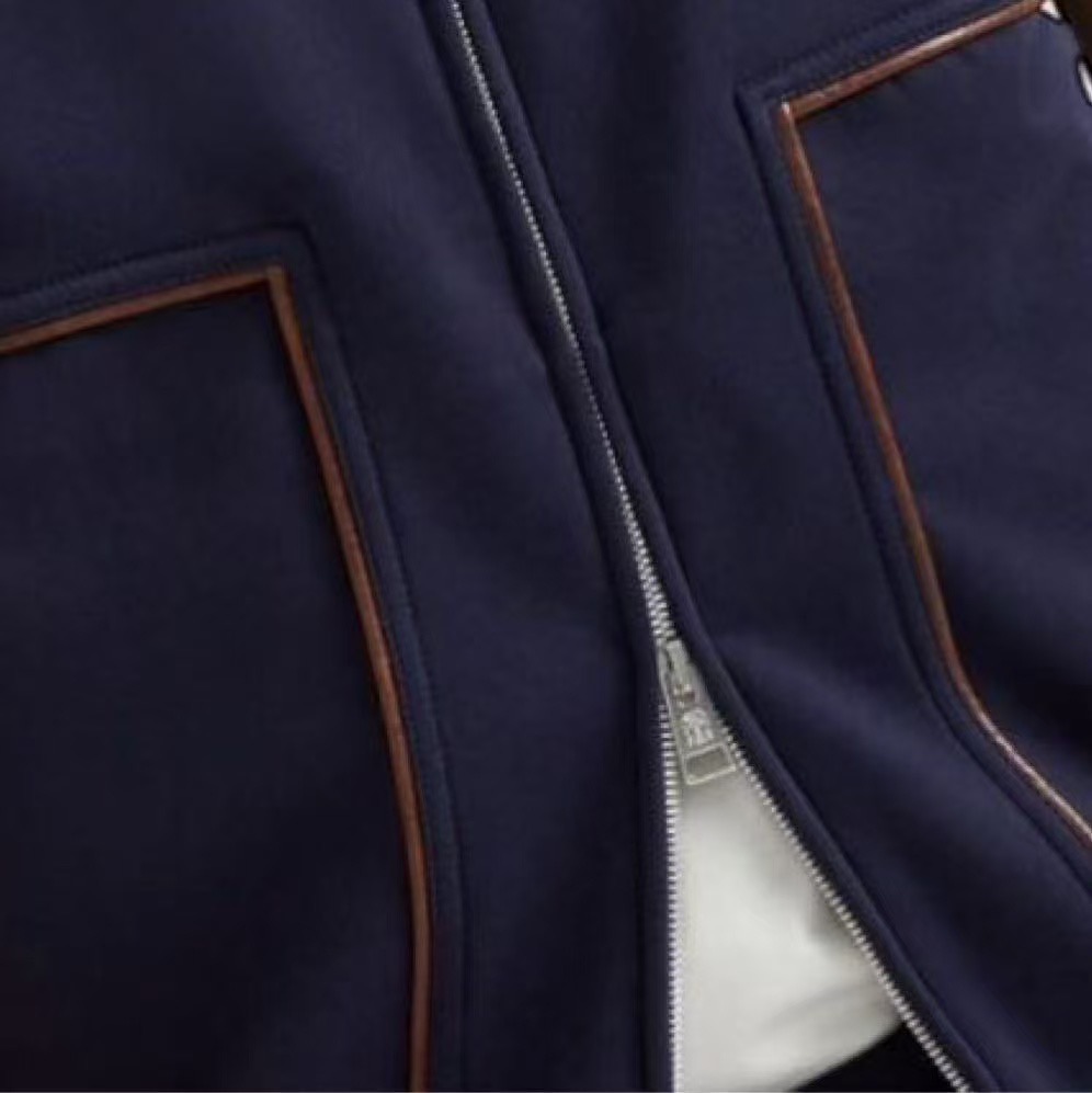 Veste zippée Loro Piana marine avec finitions en cuir marron