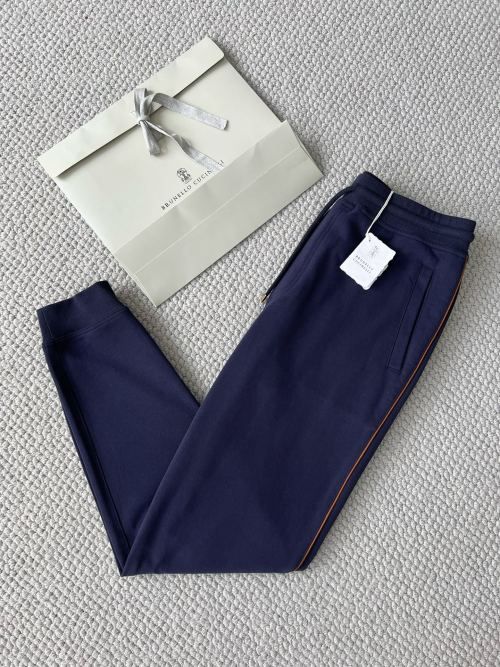 Brunello Cucinelli Navy Blue Cotton Blend Joggers with Orange Side Stripe