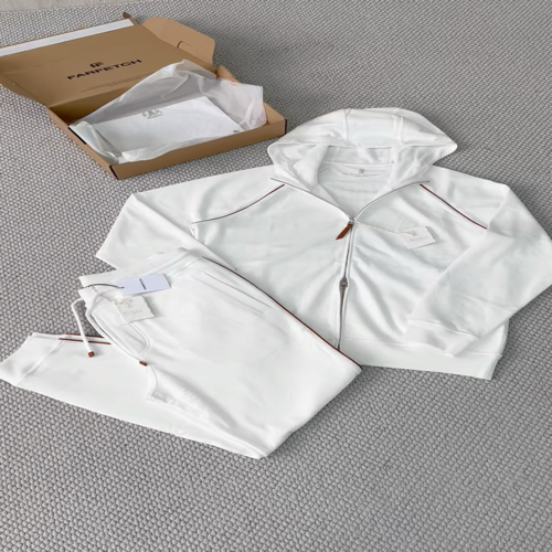 Loro Piana Luxury White Cotton Blend Tracksuit with Brown Trim