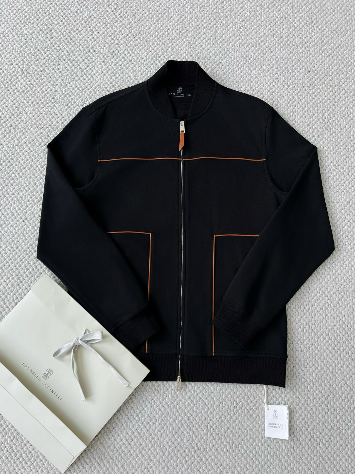 Brunello Cucinelli Men's Black Zip-Up Bomber Jacket with Contrast Trim