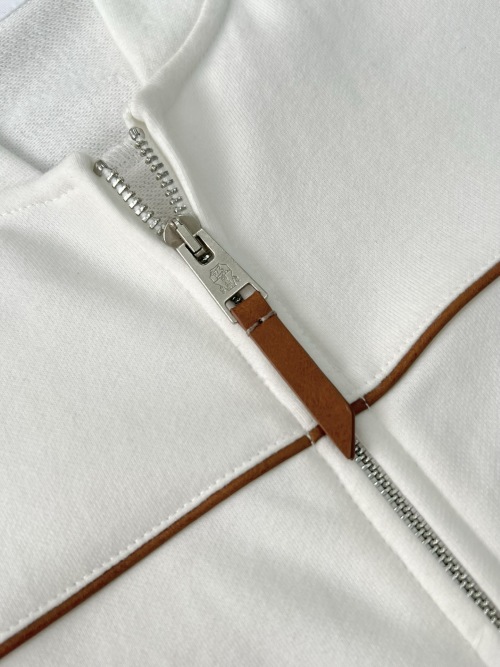 Luxurious Loro Piana Style White Zip-Up Sweater with Brown Leather Details 1 Luxurious Loro Piana Style White Zip-Up Sweater with Brown Leather Details