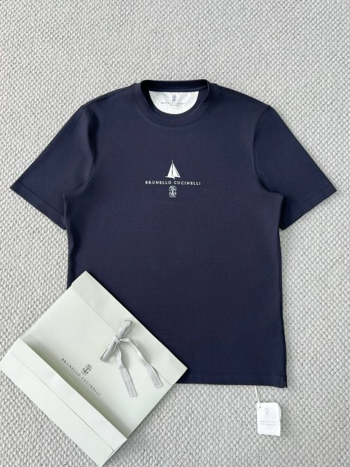 Brunello Cucinelli Men's Dark Blue Cotton T-Shirt with Sailboat Graphic 1 Brunello Cucinelli Men's Dark Blue Cotton T-Shirt with Sailboat Graphic