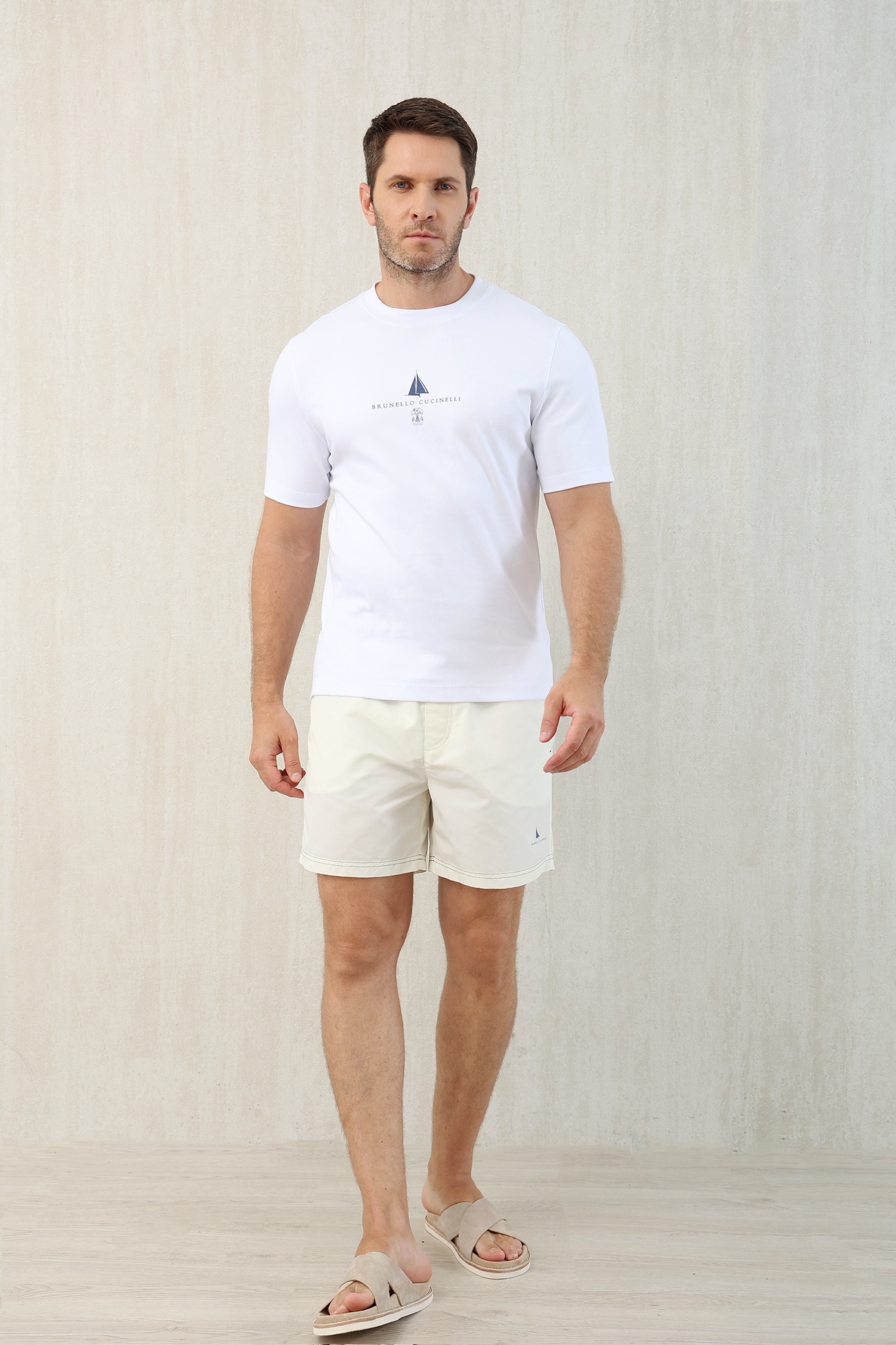 Brunello Cucinelli Men's White Cotton T-Shirt With Sailboat Graphic