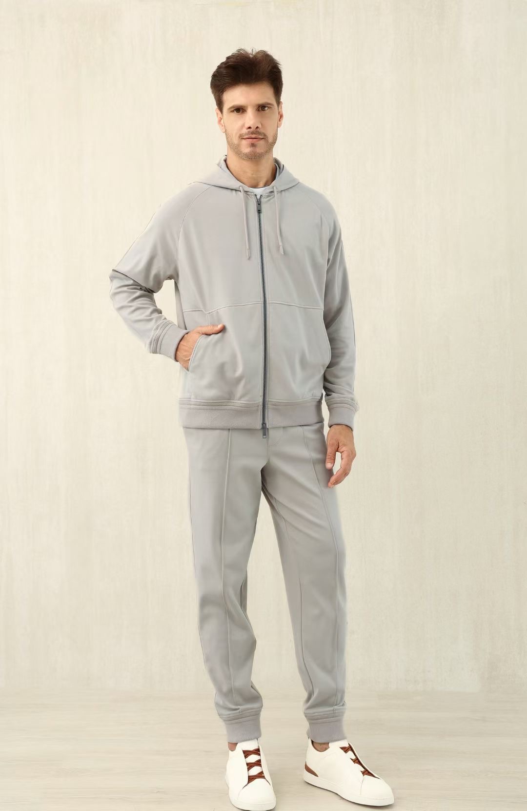 Loro Piana Men's Gray Zip Up Hoodie and Sweatpants Set - Loungewear