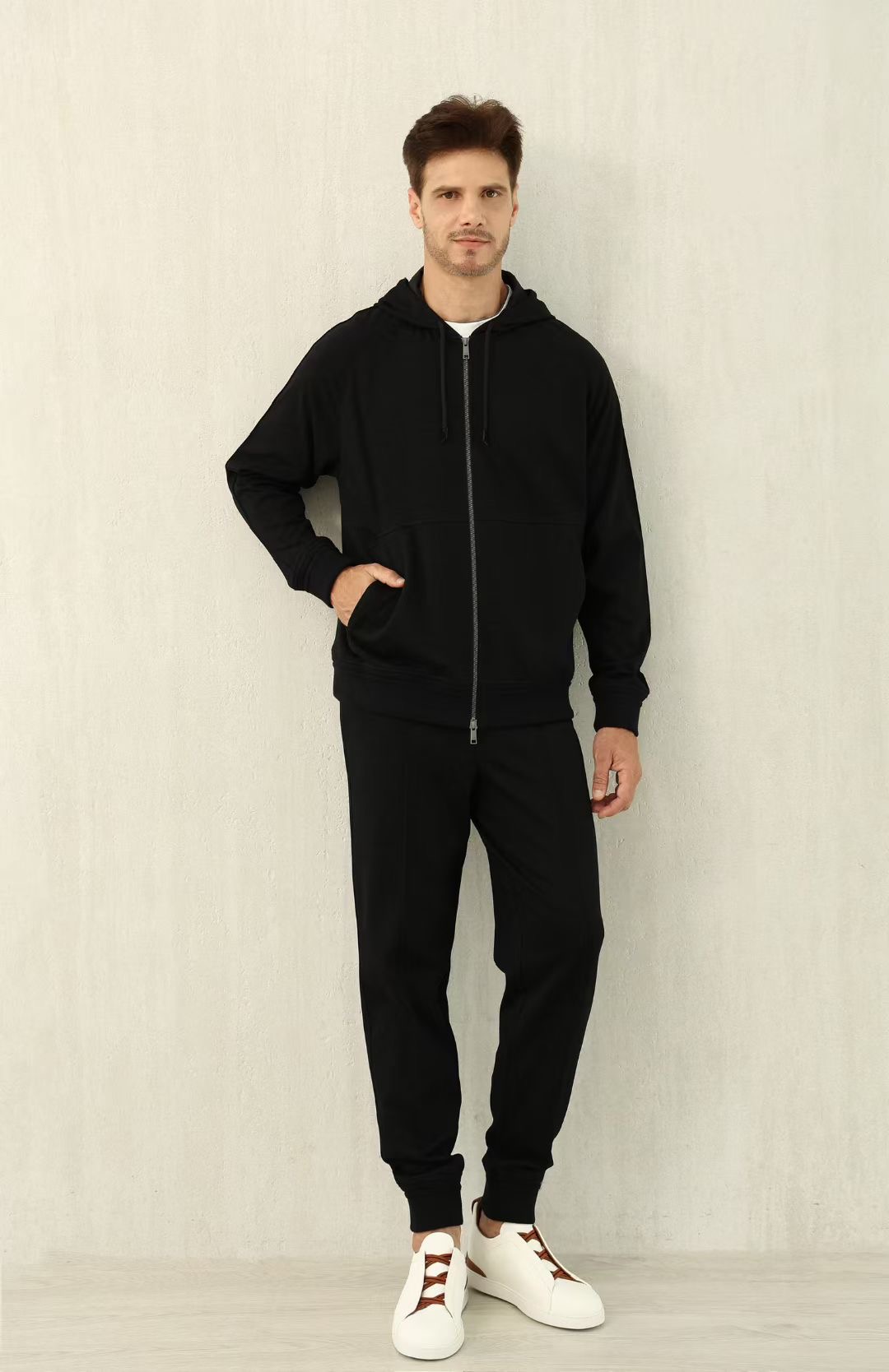 Loro Piana Men's Black Full Zip-Up Hoodie and Pants Set Loungewear