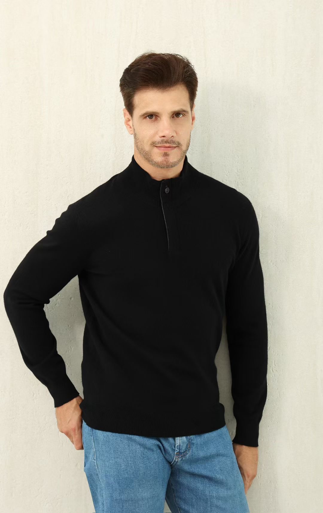 Luxurious Loro Piana Style Men's Black Long Sleeve Casual Knit Sweater
