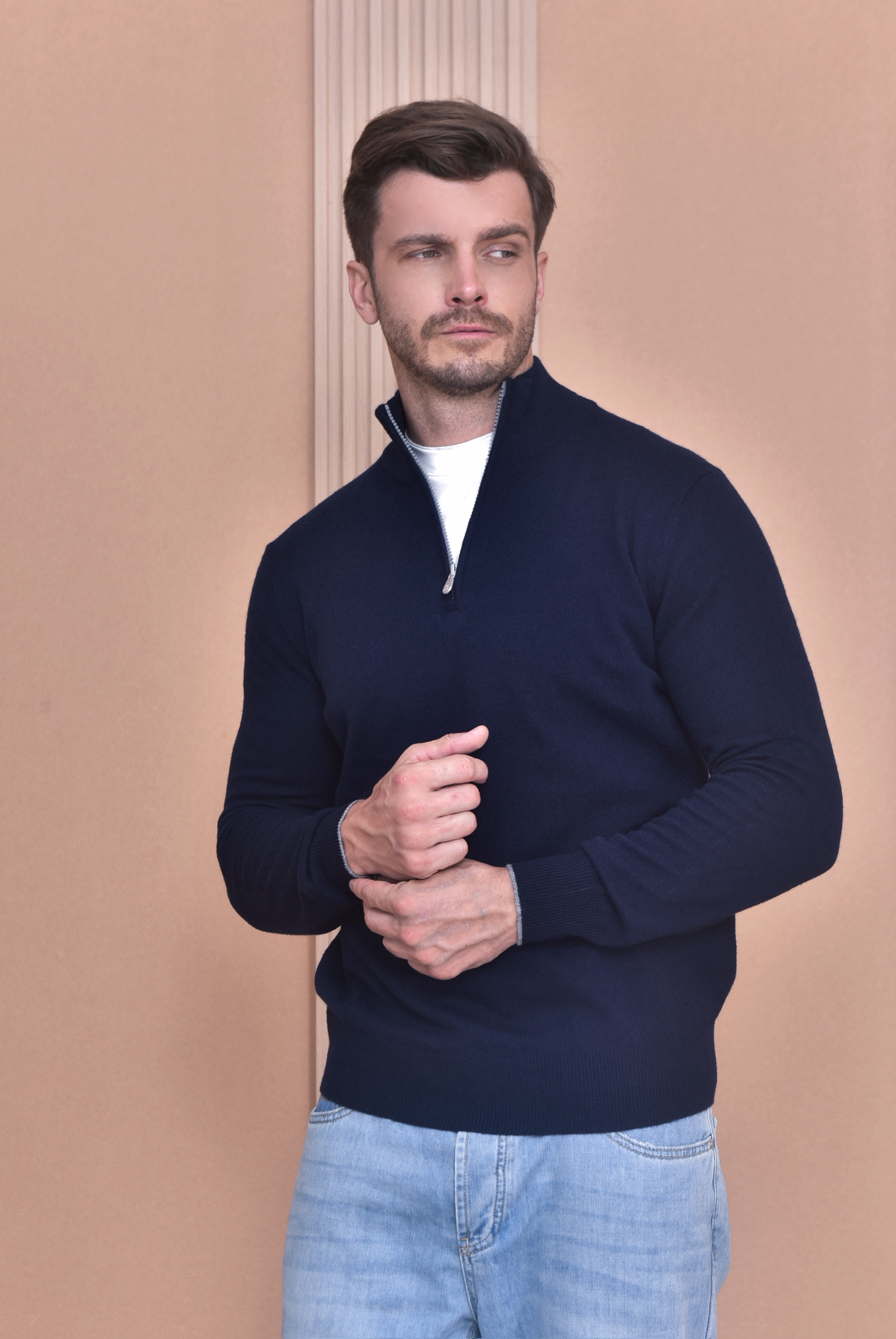 Loro Piana بلوفر رجالي كاجوال بياقة بسحاب وأكمام طويلة