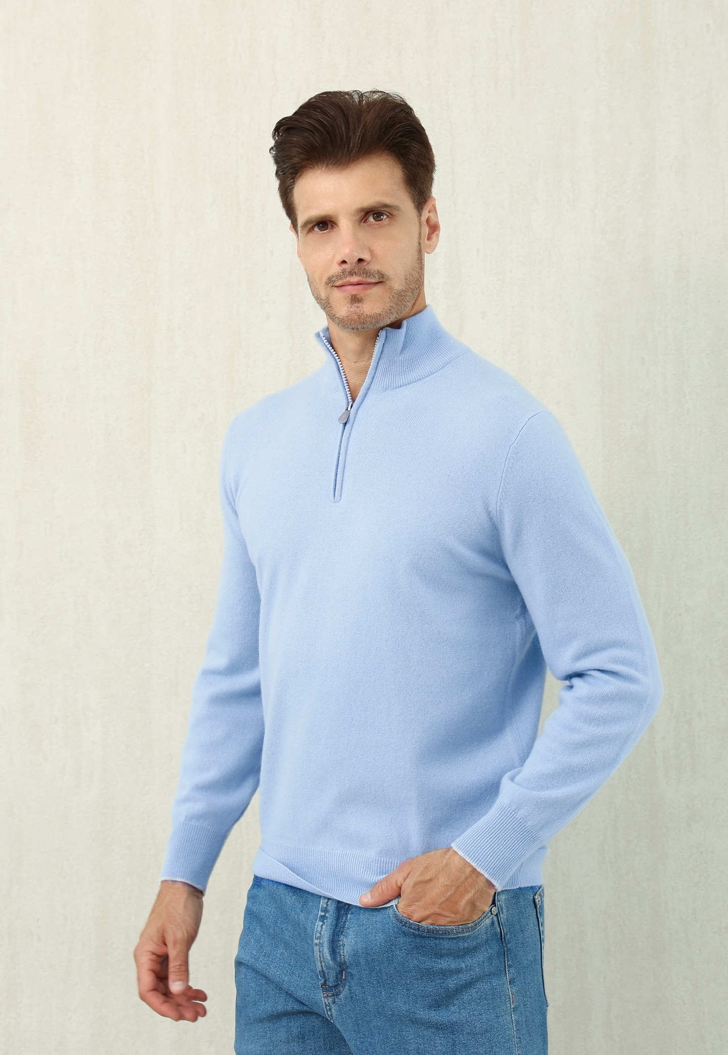 Loro Piana Men's Light Blue Quarter-Zip Cashmere Pullover Sweater