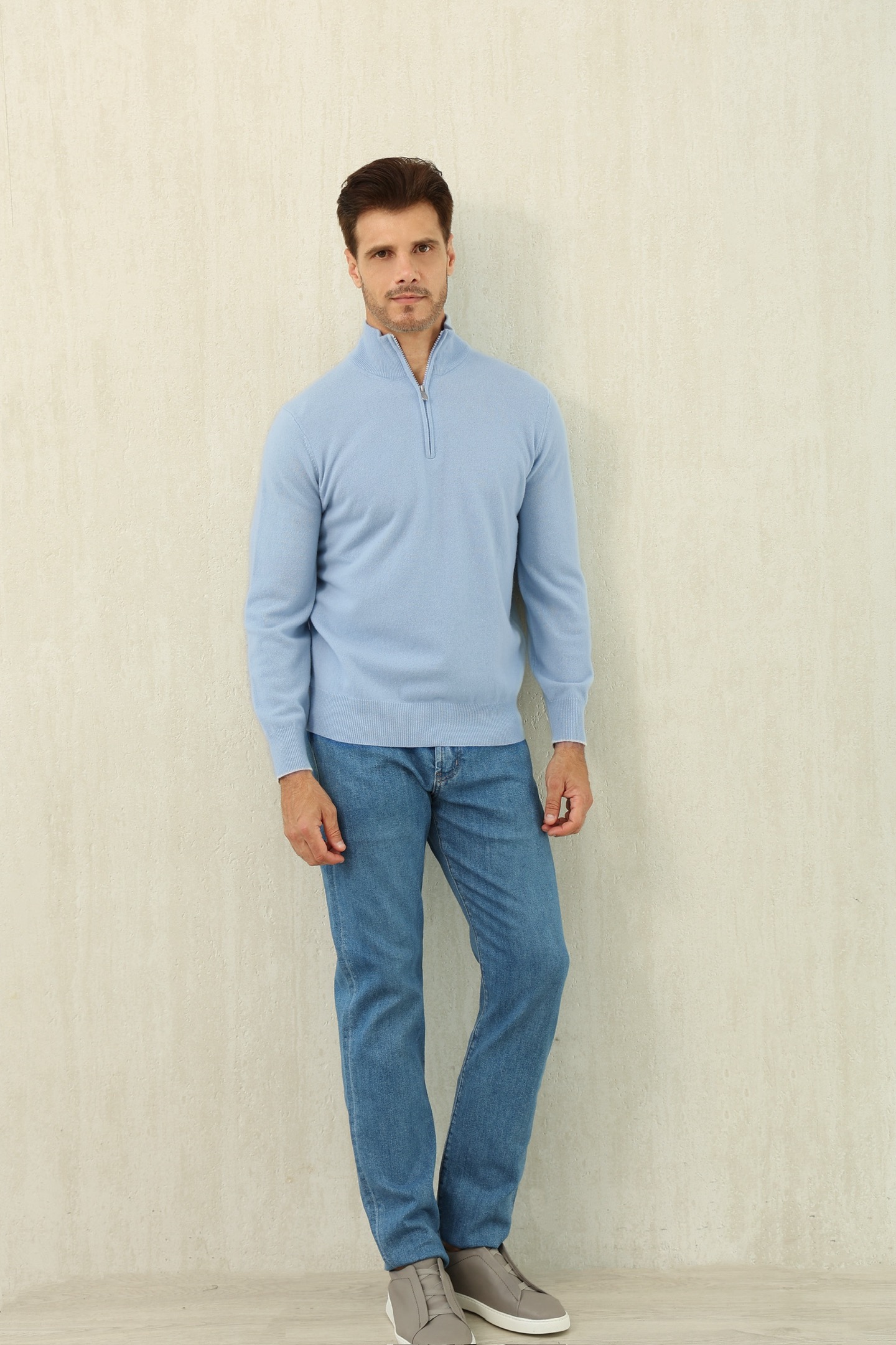 Loro Piana Men's Light Blue Quarter-Zip Cashmere Pullover Sweater 7 i1757570864395 9140 0 5