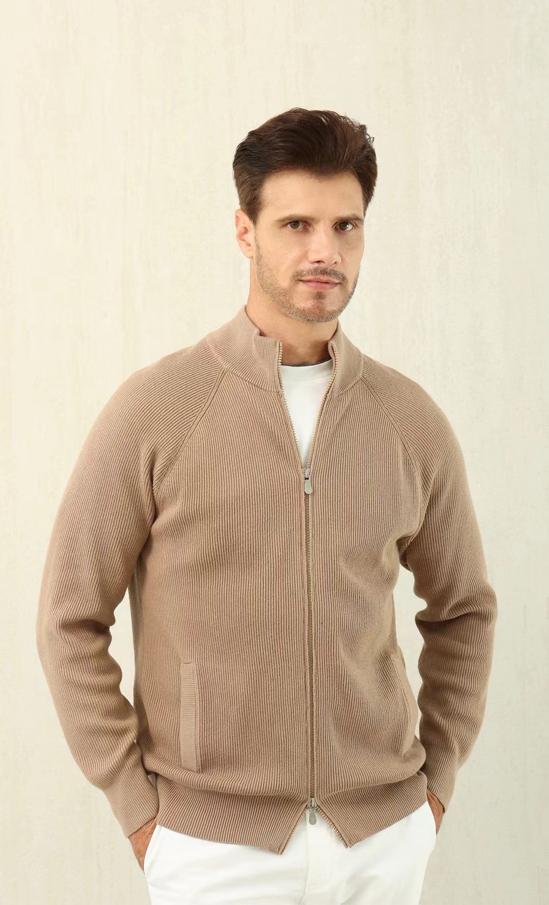 Loro Piana جاكيت صوف رجالي بسحاب كامل، مريح وأنيق، مثالي لكل المناسبات