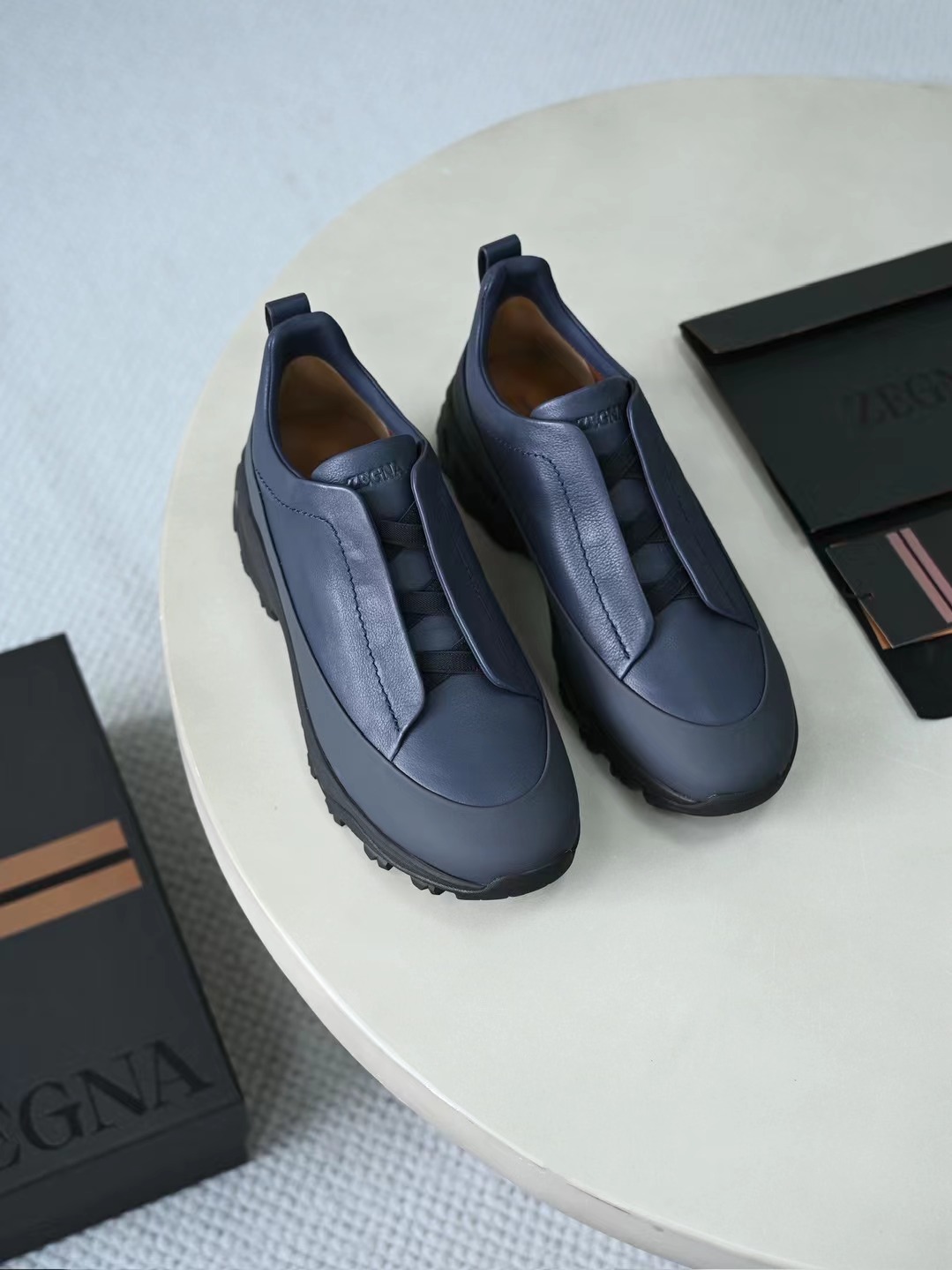 Zegna Baskets en Cuir Bleu Marine, Confort et Style Décontracté, Tailles 39-46