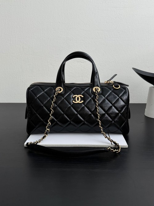 Chanel 25A Black Quilted Bowling Bag Lambskin Leather Gold Hardware 1 Chanel 25A Black Quilted Bowling Bag Lambskin Leather Gold Hardware