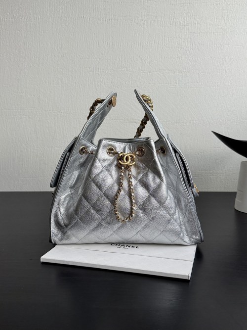 Chanel 25S Silver Caviar Leather Drawstring Bucket Hobo Bag Small 1 Chanel 25S Silver Caviar Leather Drawstring Bucket Hobo Bag Small