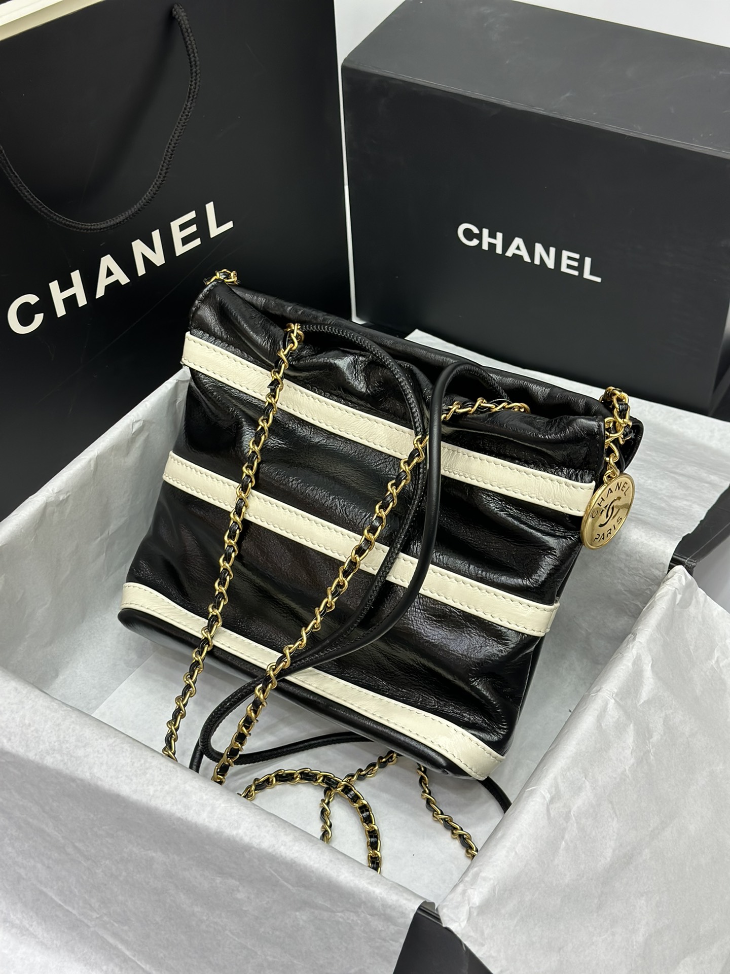 Chanel Striped New Color Garbage Bag Small Black!!