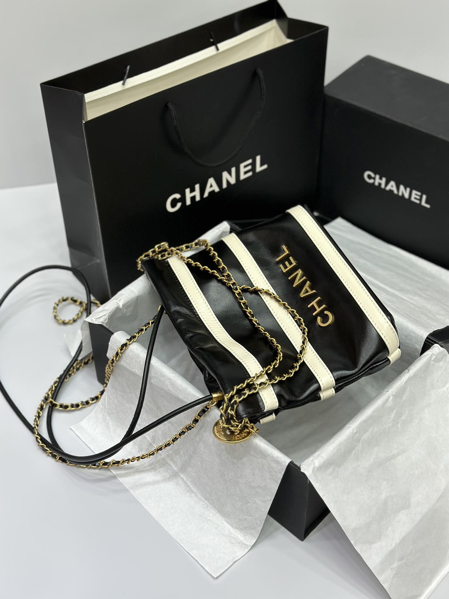 Chanel Striped New Color Garbage Bag Small Black!!